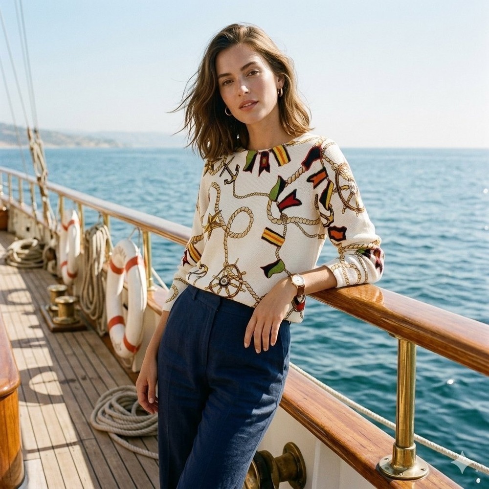 Crazy Horse Womens M Nautical News Wear Cream Cotton Resortwear Sweater Preppy